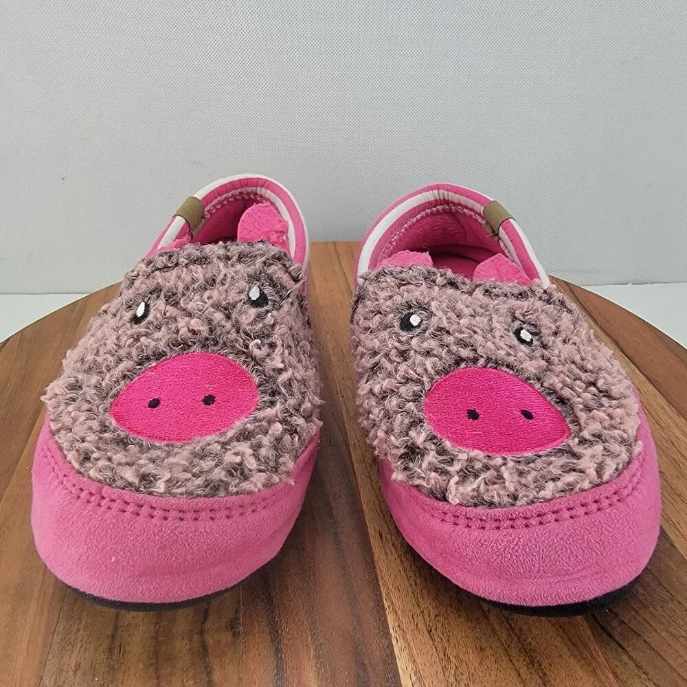 Acorn Kids Girls Size 3-4 Pink Pig Slip On Loafer Faux Fur Slippers